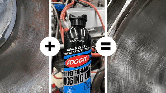 a before and after photo of a rusty cylinder block and a clean cylinder block with a can of foggit in the middle it depicts rusty walls plus Foggit equals clean wall
